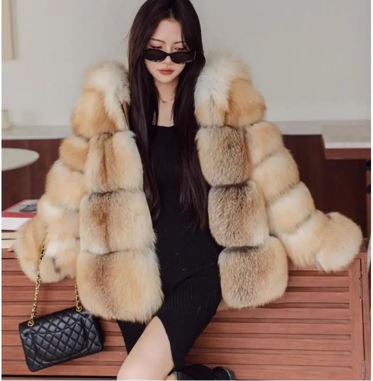 Real Golden Fox Fur Coat with Hood Female Winter Warm High Quality Fur Jacket Fluffy Women Outwear