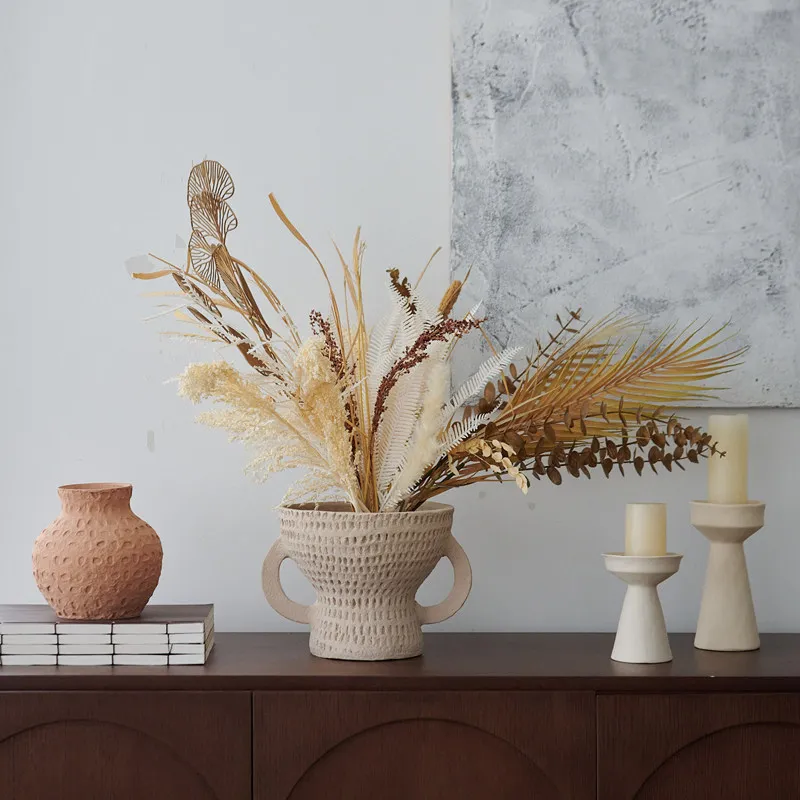 Indian handmade creative pulp vase, binaural horn-shaped honeycomb flower pattern device, home soft installation