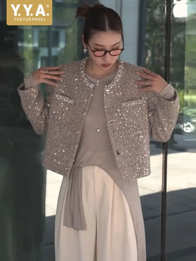 Women Sequined Fashion Jacket Party Shiny Tweed Short Coat Single Breasted O Neck Long Sleeve Office Lady Elegant Tops Outerwear