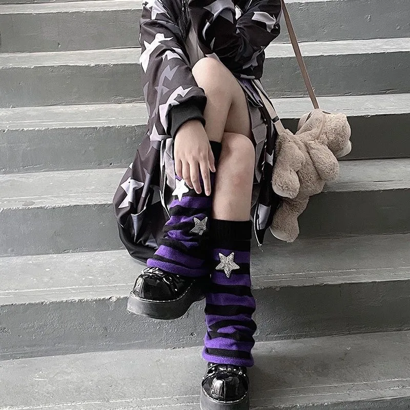 New Y2K Sweet Cool Style Streatwear Girls Leg Warmers JK Girls Lolita Drawstring Striped Socks With Stars Pattern Printed