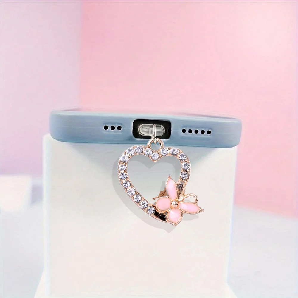 

Colorful Mobile Phone Dust Plug DIY Alloy Accessories Charging Port Protections Cover Love Diamond Inlay Mobile Phone Decoration