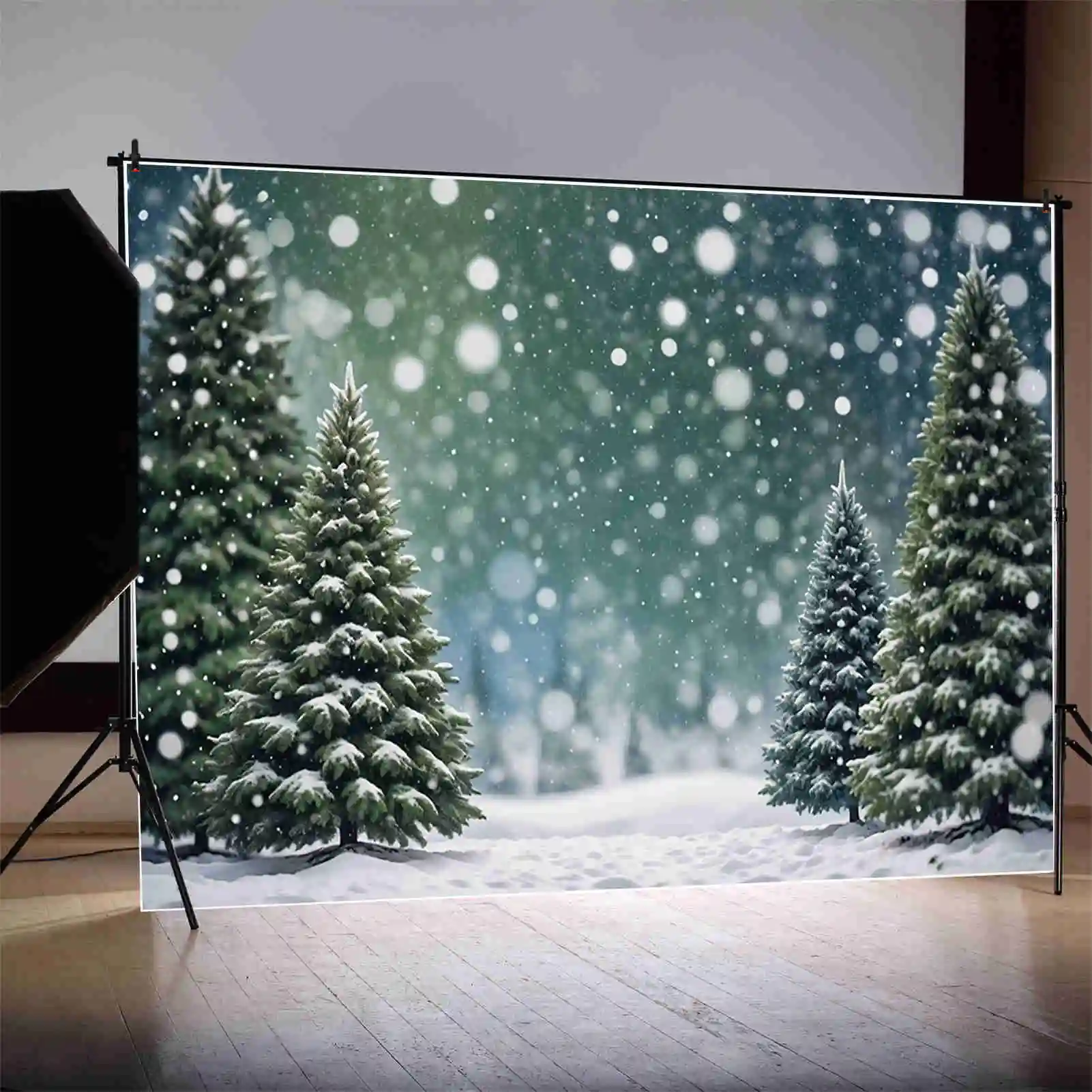 MOON.QG Snow Green Christmas Backdrops Outdoor Winter Children Bokeh Forest Tree Backgrounds Custom Party Decor Photocall Props