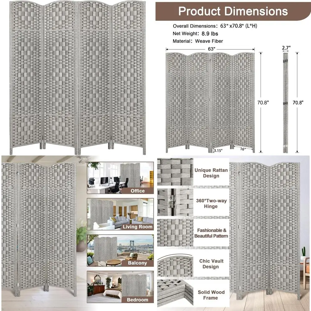 

6-Foot Tall 4-Panel Folding Privacy Screen, Stone Grey, for Temporary Room Separation