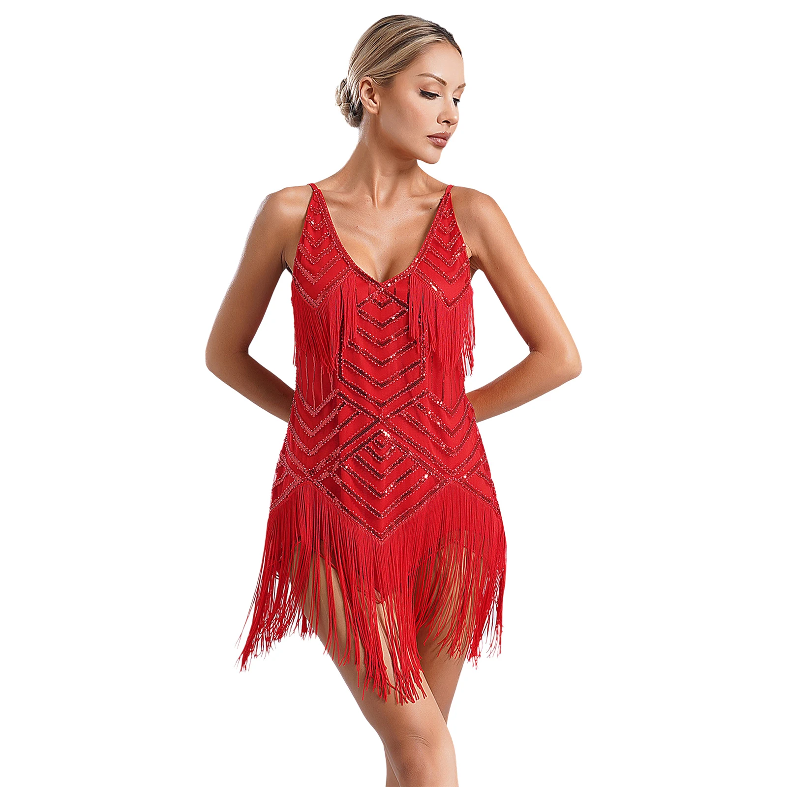 Womens 1920s Theme Party Costume Femme V Neck Fringe Flapper Dress Latin Dance Dresses Shiny Sequins Cha-Cha Tango Dancewear