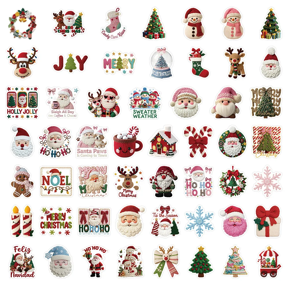 50-Pack Knitted Style Christmas Stickers Waterproof Decorative Notes for Holiday Travel Luggage Car Journaling Stationery