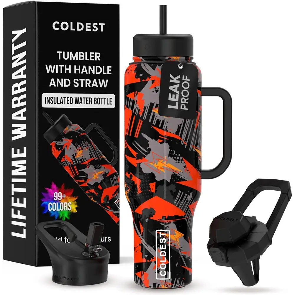 

46 oz Insulated Tumbler with Handle and 3 Lids - Leak-Proof, Stainless Steel for Men & Women - Cup Holder Friendly Base, Savage