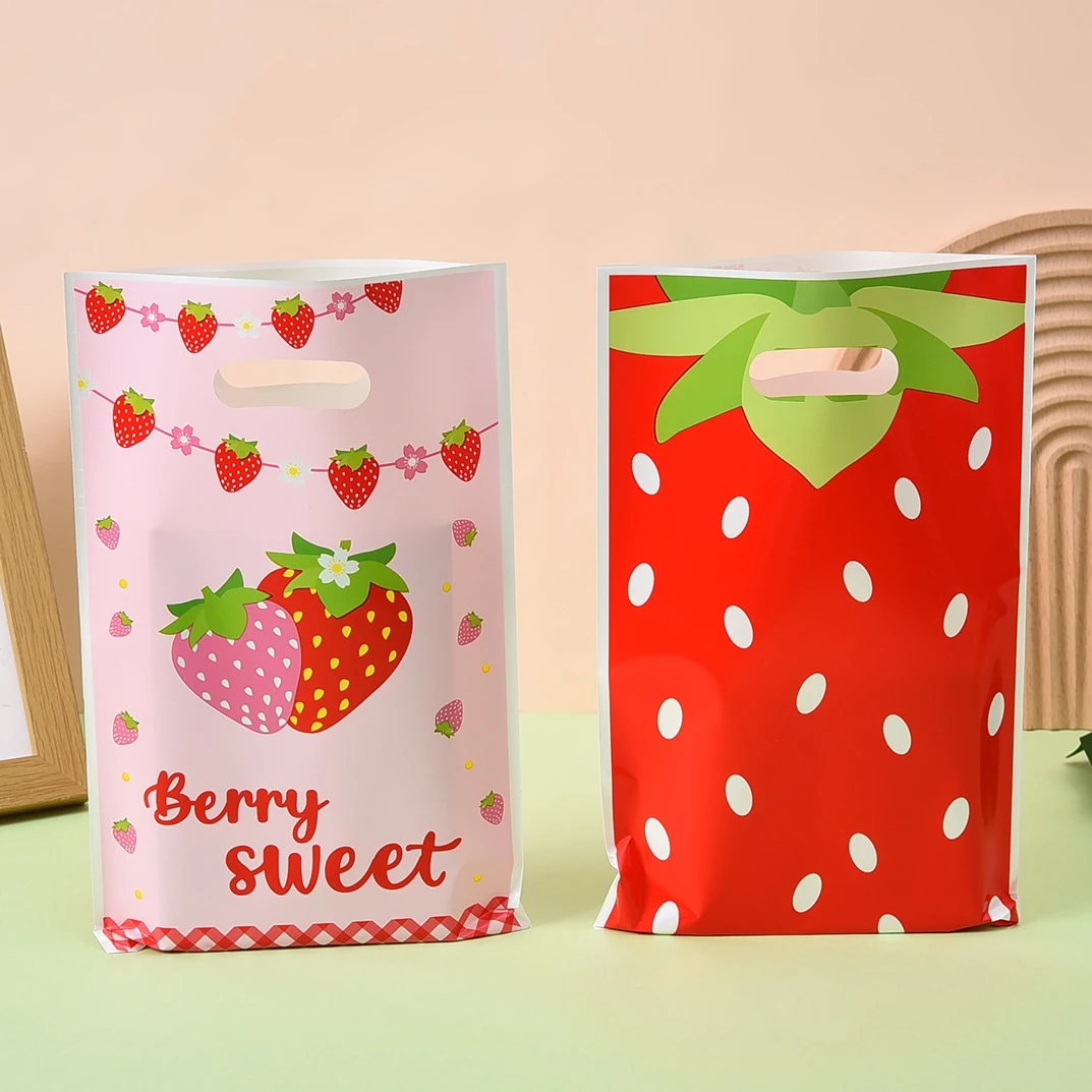 Bolsa de embalaje de regalo OPP con tema de fresa y fruta dulce, bolsa de compras para galletas y dulces para niños y niñas, decoración para fiesta de cumpleaños, Baby Shower, 10 Uds.