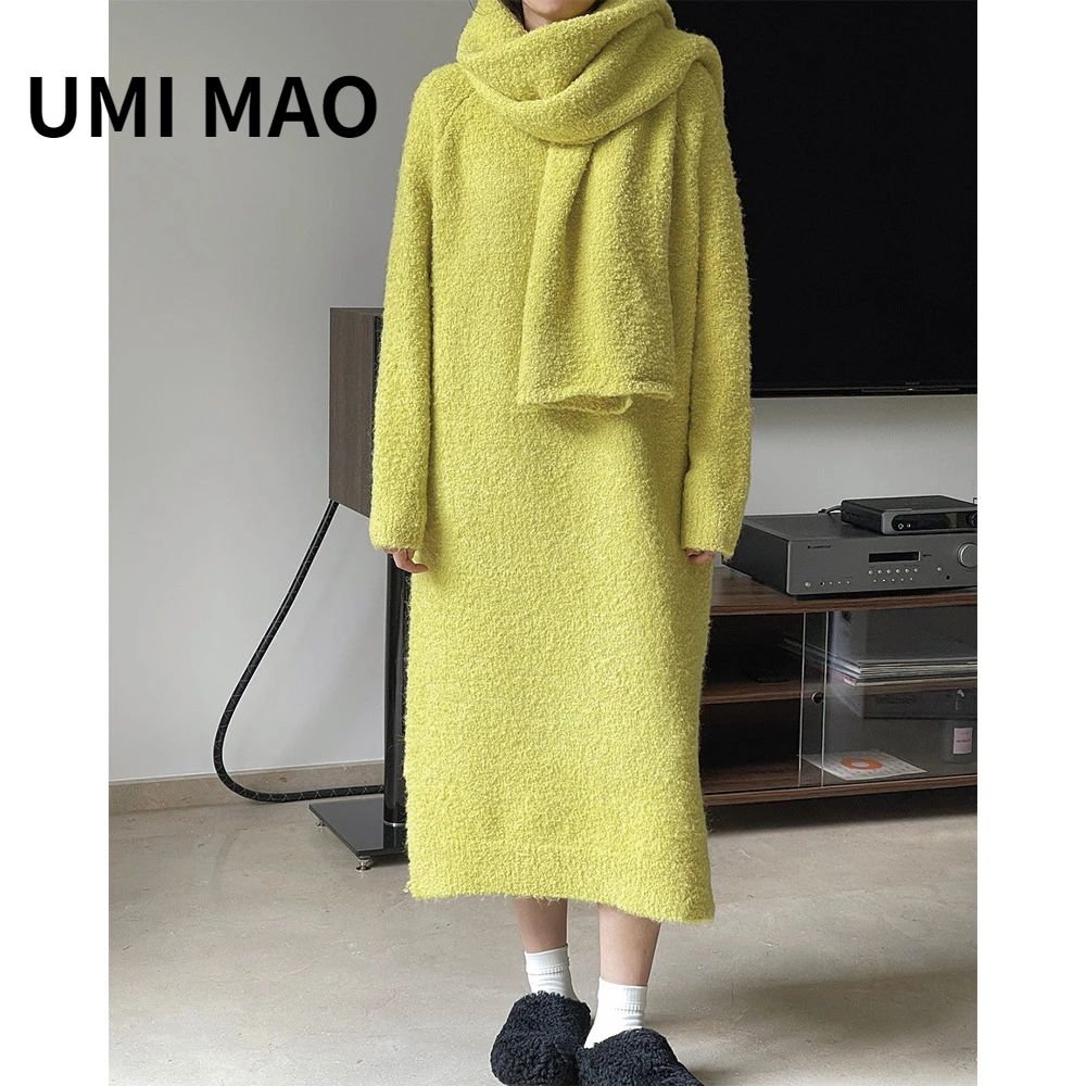 

UMI MAO Harajuku Winter New Korean Slouchy Wool Loop Yarn Sweater Dress Elegant Loose Warm Soft Waxy Mid Length Skirt Children