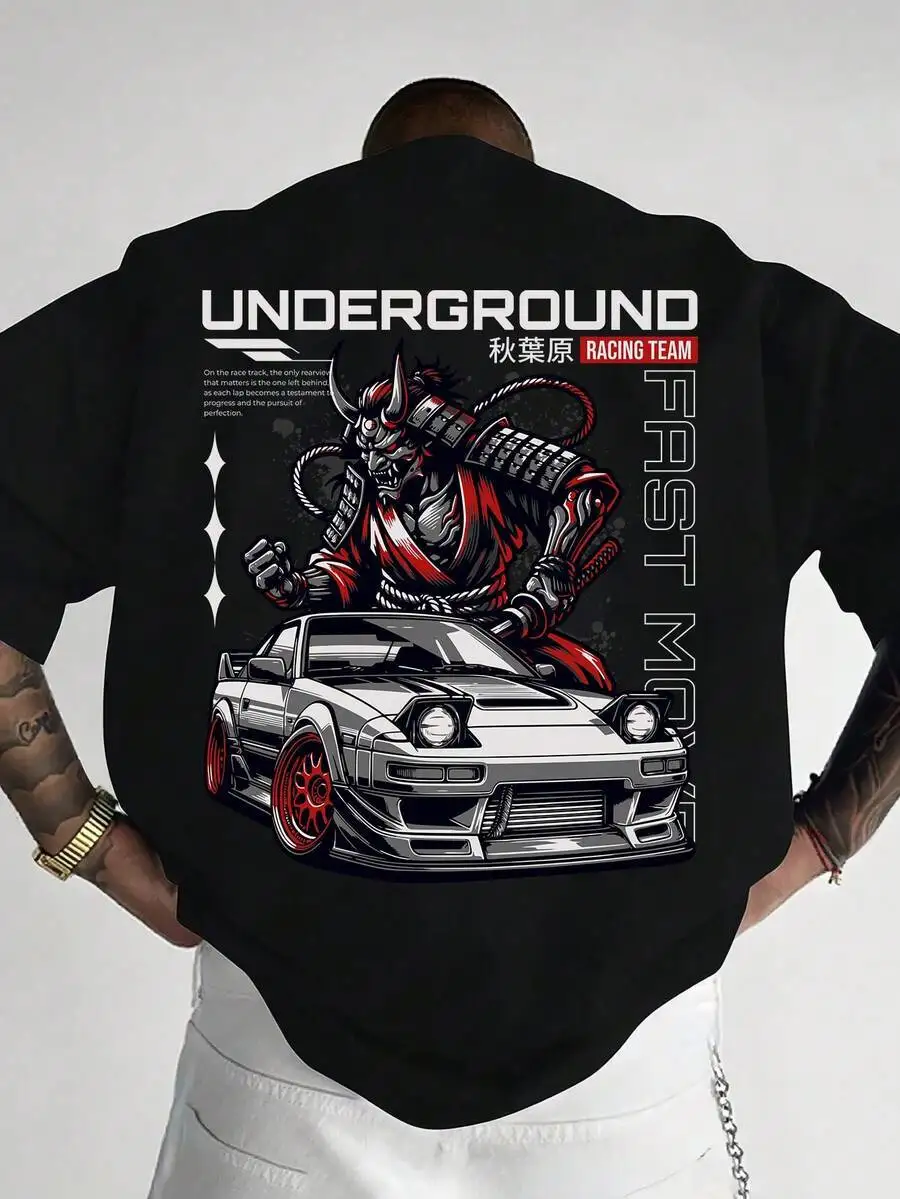 Men's "Underground Racing Team" Graphic Tee, Samurai Oni & JDM Sports Car Print Short Sleeve Crew Neck T-Shirt, Japanese 100% Cotton Trendy Y2K Short-Sleeve Tee-Soft, Quick-Drying, Great Gift for Christmas or Halloween.