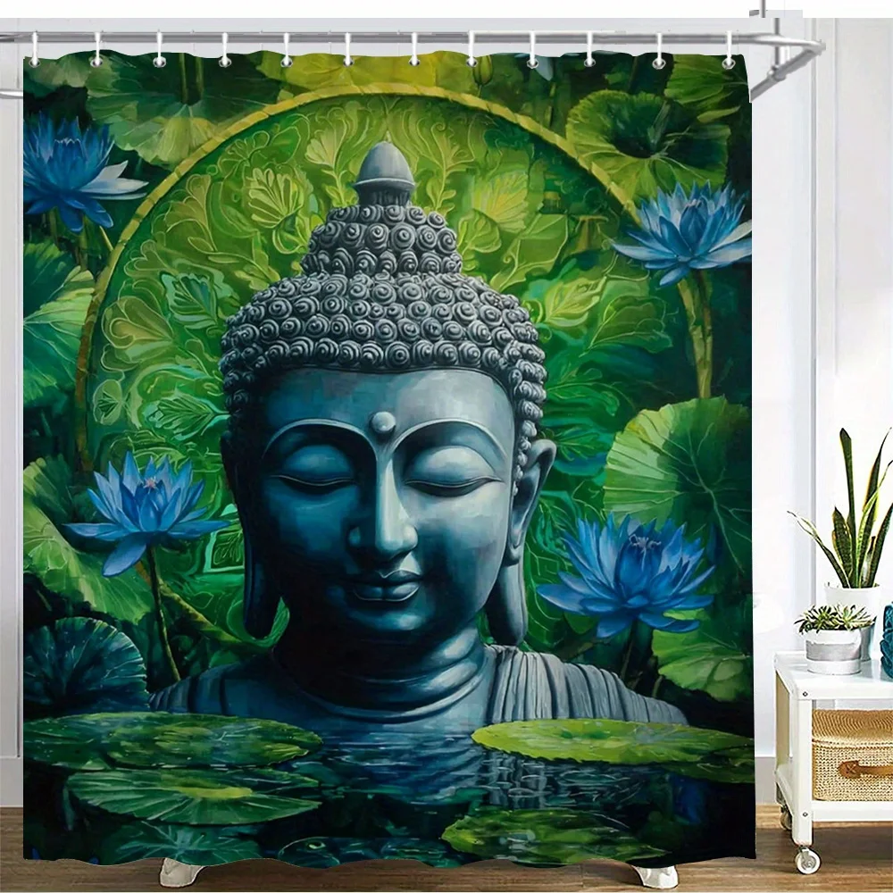 Blue Serenity Buddha Shower Curtain  Meditating Face in Lotus Pond Vibrant Green Leaves  Blue Lotuses, 12 Hooks 70.87×70.87 inch