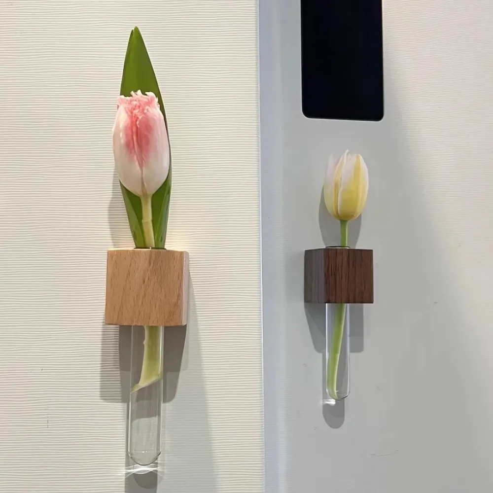 Wooden Test Tube Vase Refrigerator Magnet Hydroponic Plants Propagation Vase Planter Home Kitchen Locker Fridge Decoration