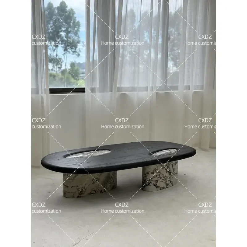 Simple solid wood oval marble special-shaped coffee table villa Bulgari marble tea table designer model room