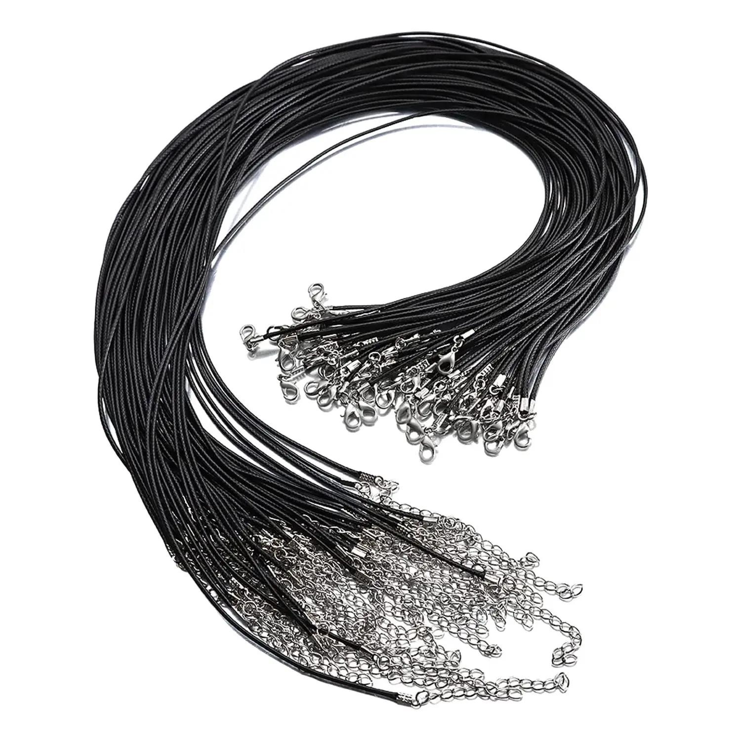 100Pcs 18Inch 1.5mm Black Wax Cord Necklace Rope Bracelet Faux Leather Cord Buckles Bulk for Jewelry Making Supplies