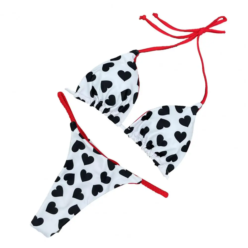 Sexy Women Bikini Set Heart Print Halter Bra Lace-up Thong Set Quick Drying Bathing Suit Summer 2Pcs/Set