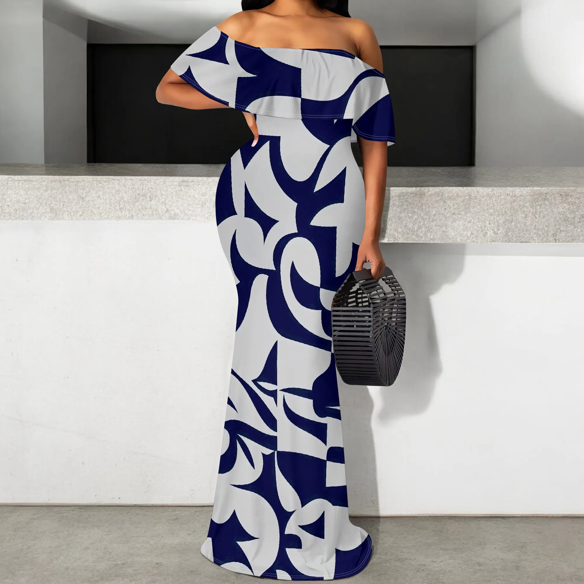 

Women's Off Shoulder Blue White Geometric Print Maxi Dress Elegant Slim Fit Bodycon Party Evening Gown S-3XL