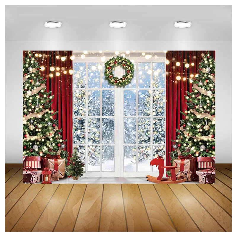 

SHUOZHIKE Christmas Tree Window Wreath Gift Photography Backdrop Window Snowman Cinema Pine New Year Background Prop ZZ-12