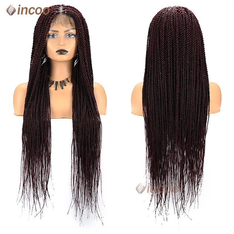 Wig sintetis kepang renda depan dengan jalinan Wig penuh renda untuk wanita Wig kepang putar hitam campuran kotak Burgundy Wig kepang Afrika