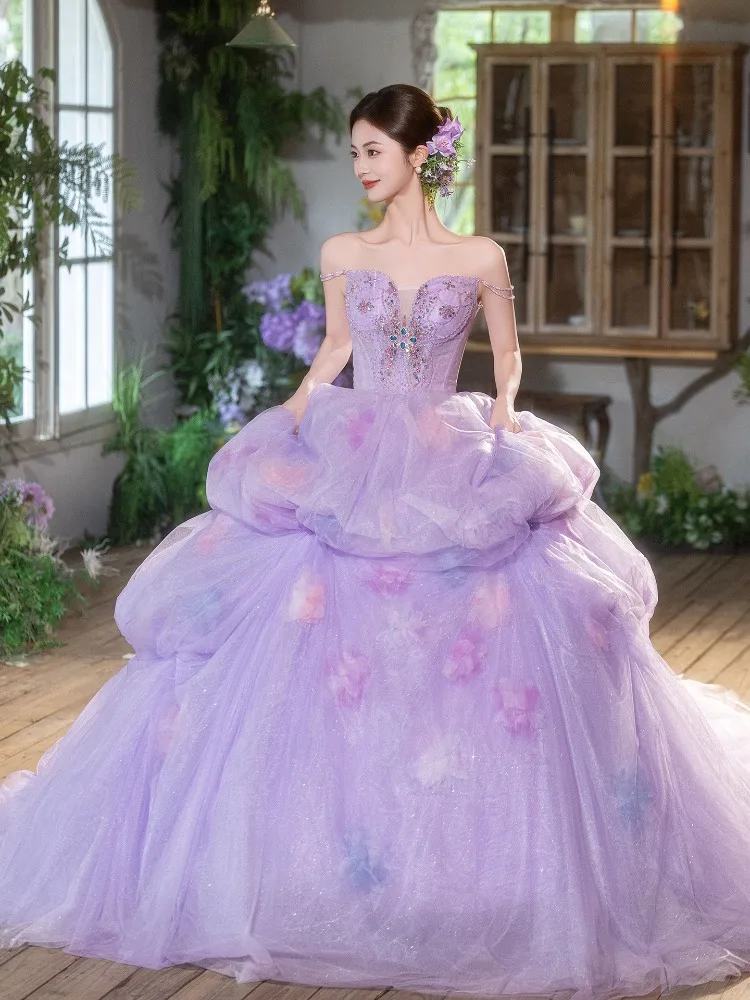 Luxury Purple Ball Gown Wedding Dress Women Off-Shoulder Applique Wedding Photos Shoot Dresses Elegant Long Birthday Party Dress