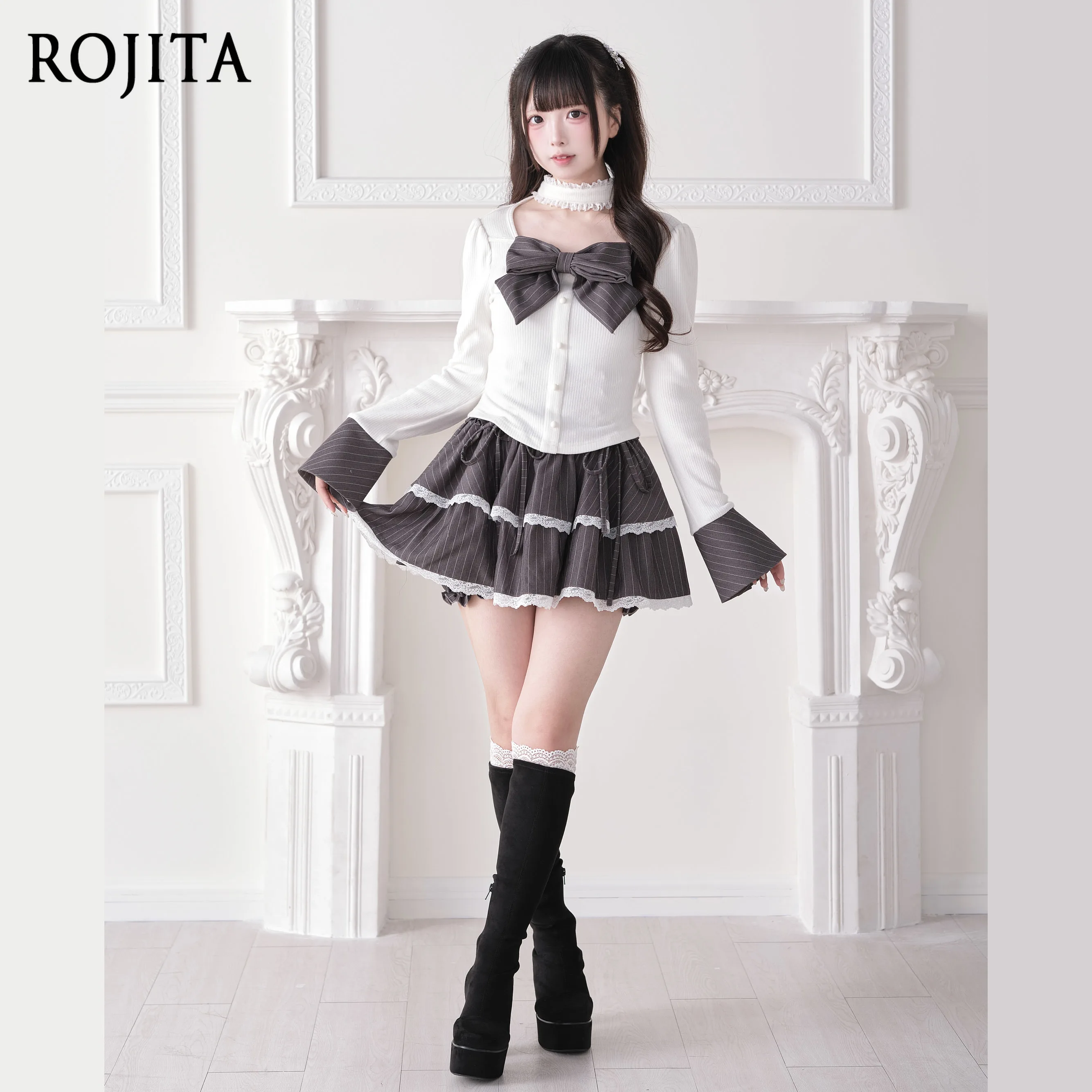 Chocker Knit Top Big Plaid Bow Flared Cuff Kawaii Gothic Lolita  White Cardigan Women Spring Autumn Cardigan
