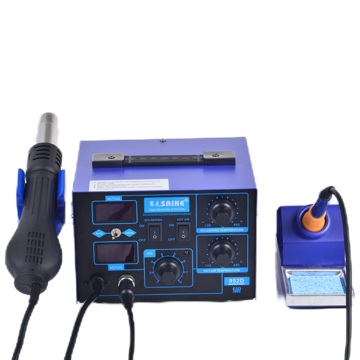 Saike 952D 2 in 1 Solder Rework Station Hot Air Gun + Soldering Iron 760W   100-480 C   110V/220V