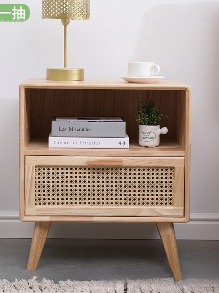 Log Color Solid Wood Bedside Table Nordic Rattan Nightstands Simple Modern Bedroom Furniture Economical Storage Cabinet Japanese