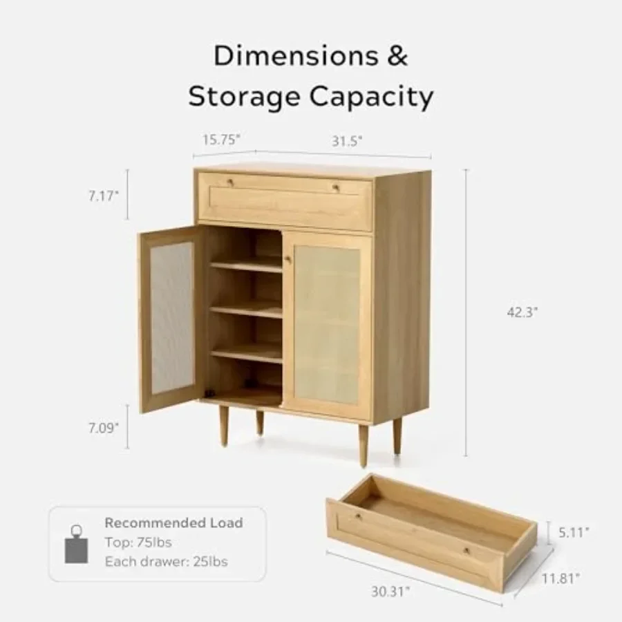 Farmhouse entryway shoe cabinet: natural oak rattan storage with 2 doors, adjustable shelves, tall organizer fitting 13 shoes