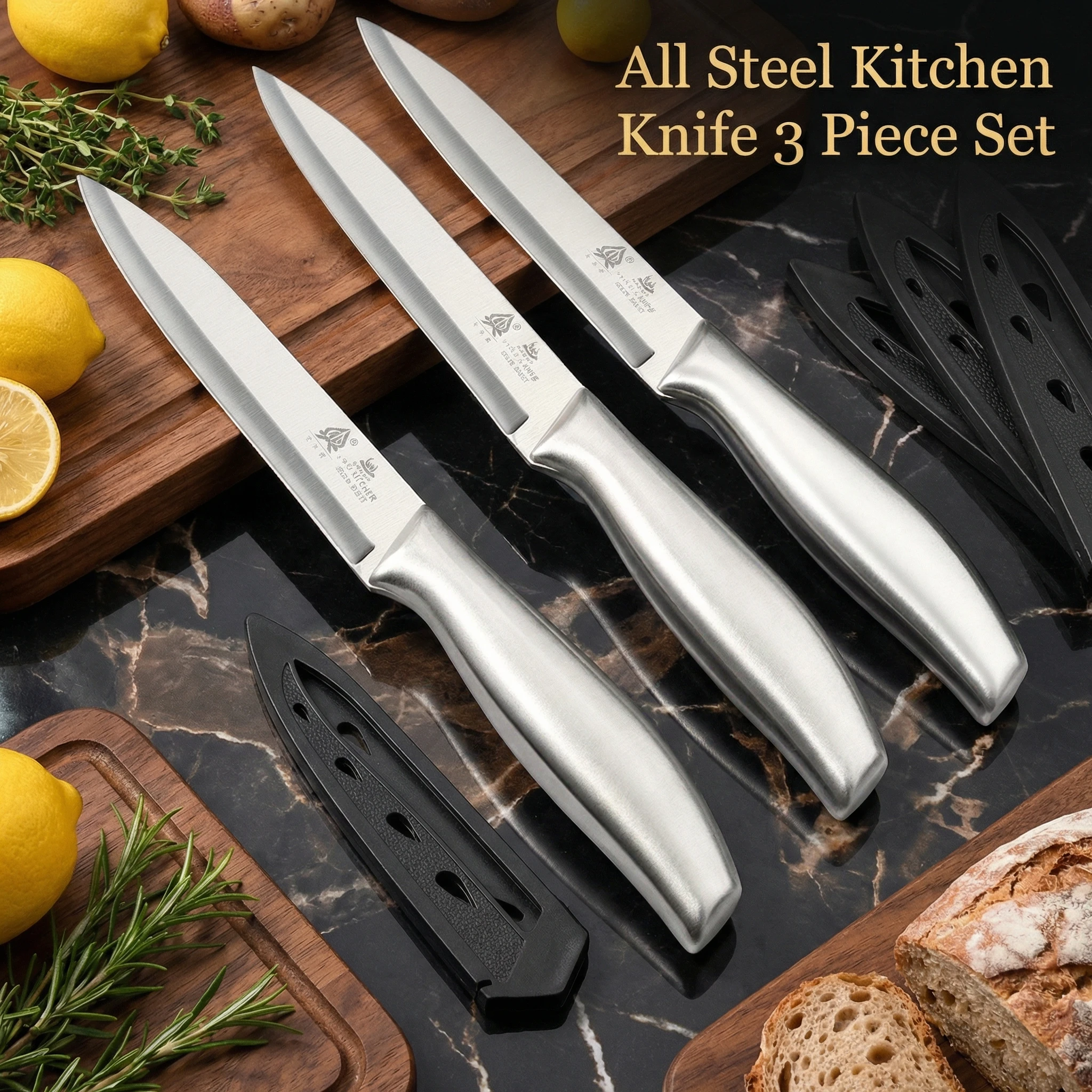 All Steel Kitchen Utility Knife 3Piece Set-Sharp Stainless Steel Peeling Knife,Silver Fruit Paring Knife with Sheath for Kitchen