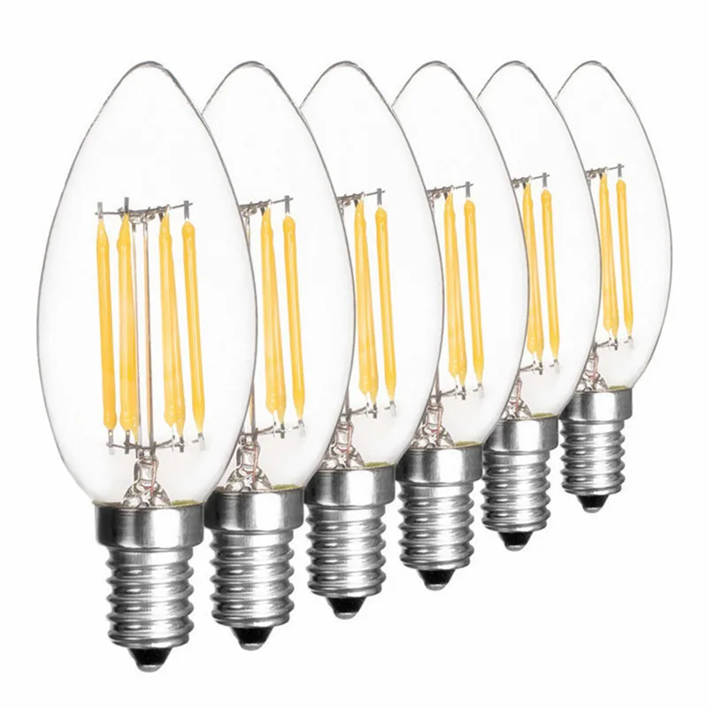 

10pcs/lot LED Candle Bulb E14 E27 2W 4W 6W AC 220V Retro antique Glass Edison Lamp Vintage C35 C35L Filament Light 360 Degree