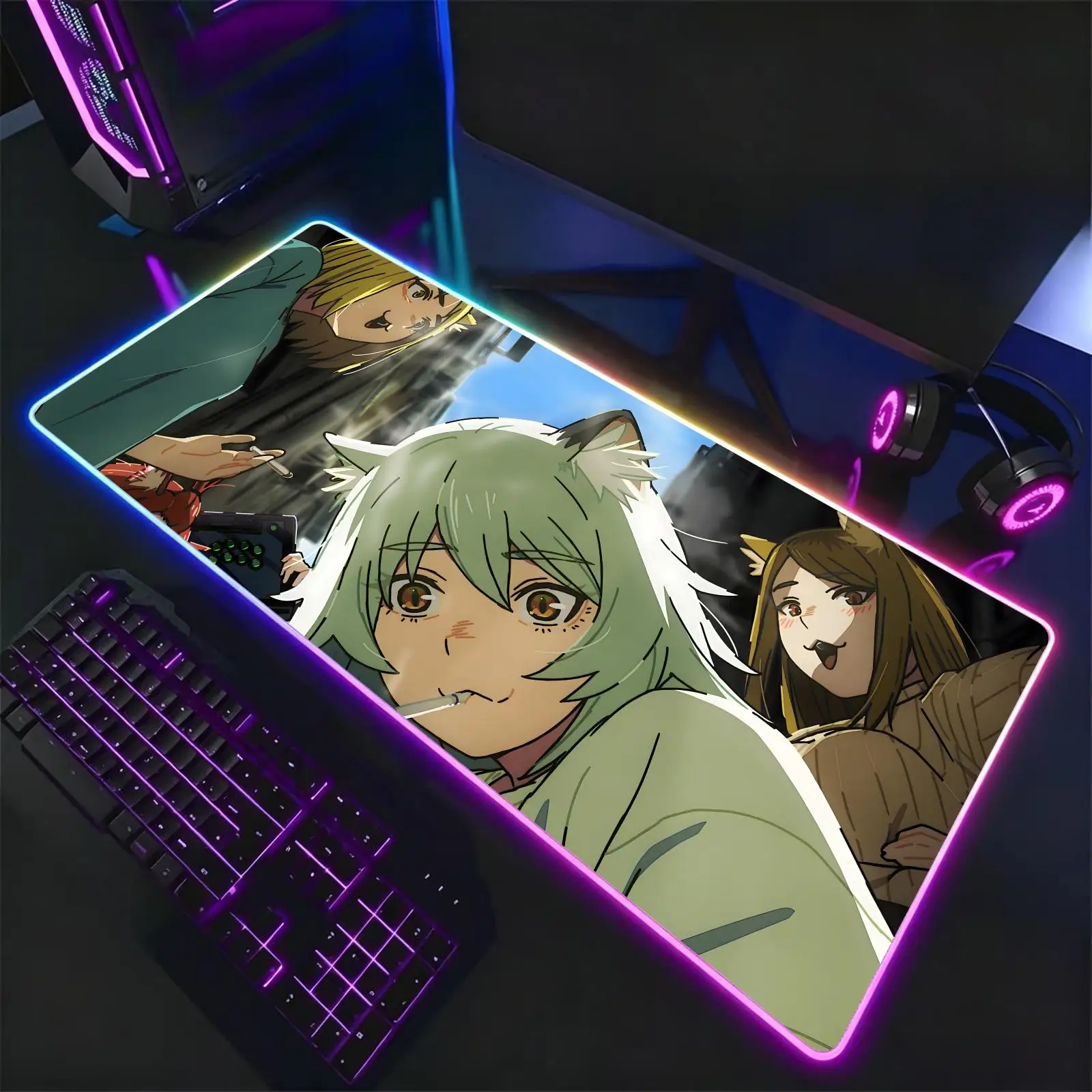 Chainsmoker Cat Mouse Pad RGB Color Changing Gaming Mouse Pad, Stitched Edges, XXL Large Keyboard Desk Mat