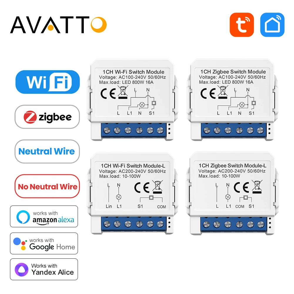 AVATTO Tuya WiFi/Zigbee Neutral Wire/No Neutral Wire 1/2/3/4 Way Smart Light Switch Module Breaker Support Alexa, Google Home