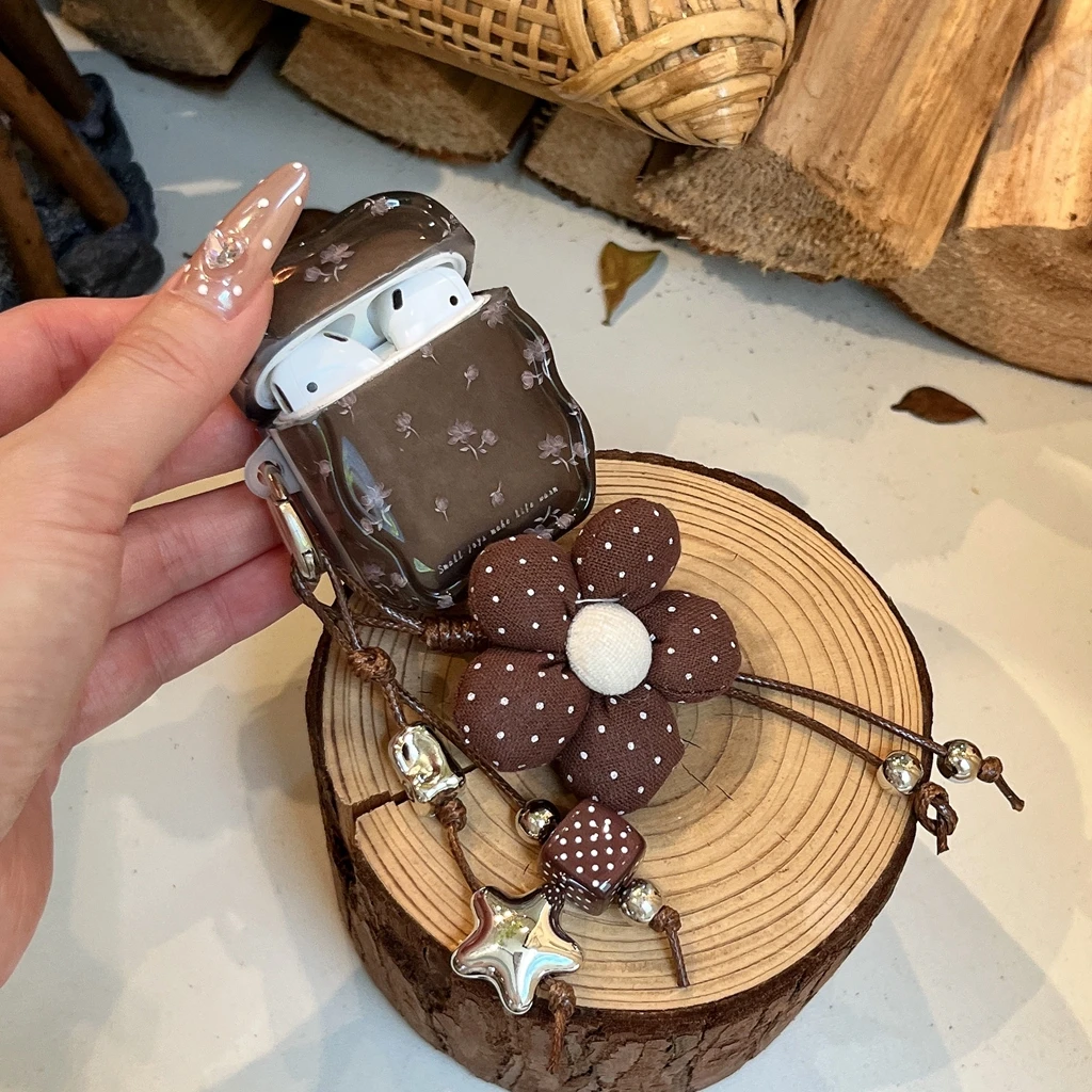 Vintage Brown Base Floral Wavy Edge Fabric  Polka Dot Flower Pendant Earphone Cover Case for AirPods 1 or 2 3 4 5 Pro 2 Pro 3 - view 6