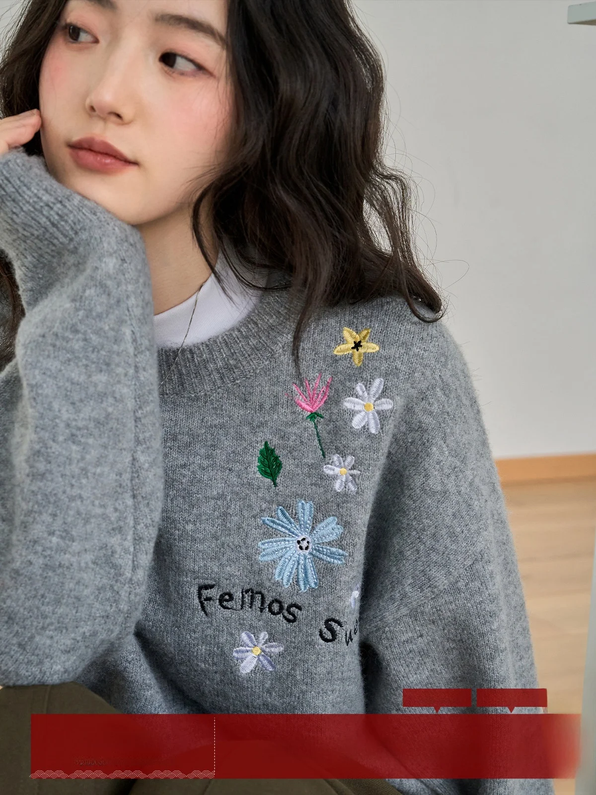 

MoZao Women's round Ne Knitted Sweater ey Flower Embroidery Inner Wear Turtlene Long Sve Warm Thermal Top for Commuting