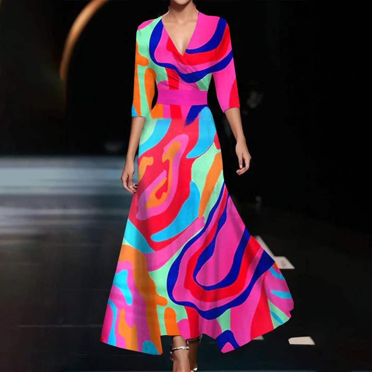 Elegant Women\'s Retro Printed Short Sleeved Dress Spring/Summer New V-neck Pocket Loose Casual Robe Women Clothing Vestidos 2025