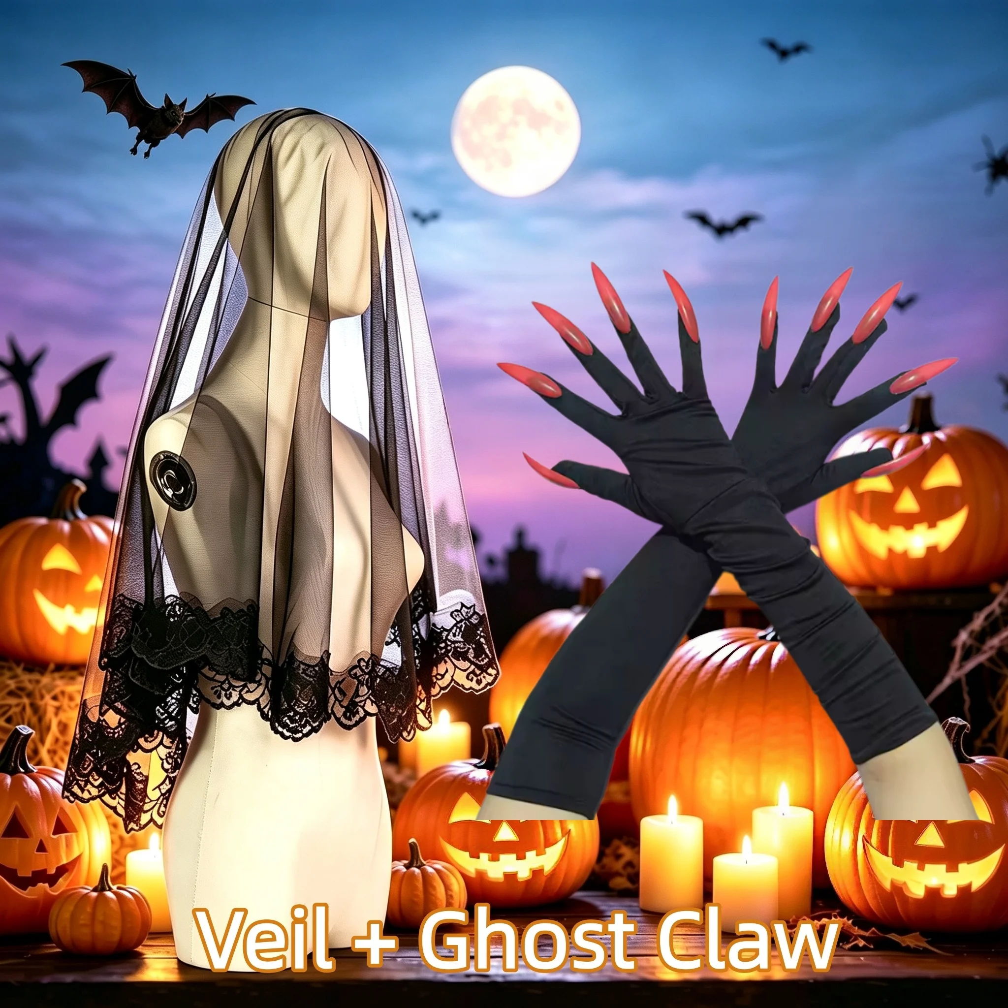 Halloween Cosplay Witch Accessories Sets Ghost Bride Wedding Lace Veil One-Layer Mesh 40 cm Stretch Ghost Claw Long Nail Gloves