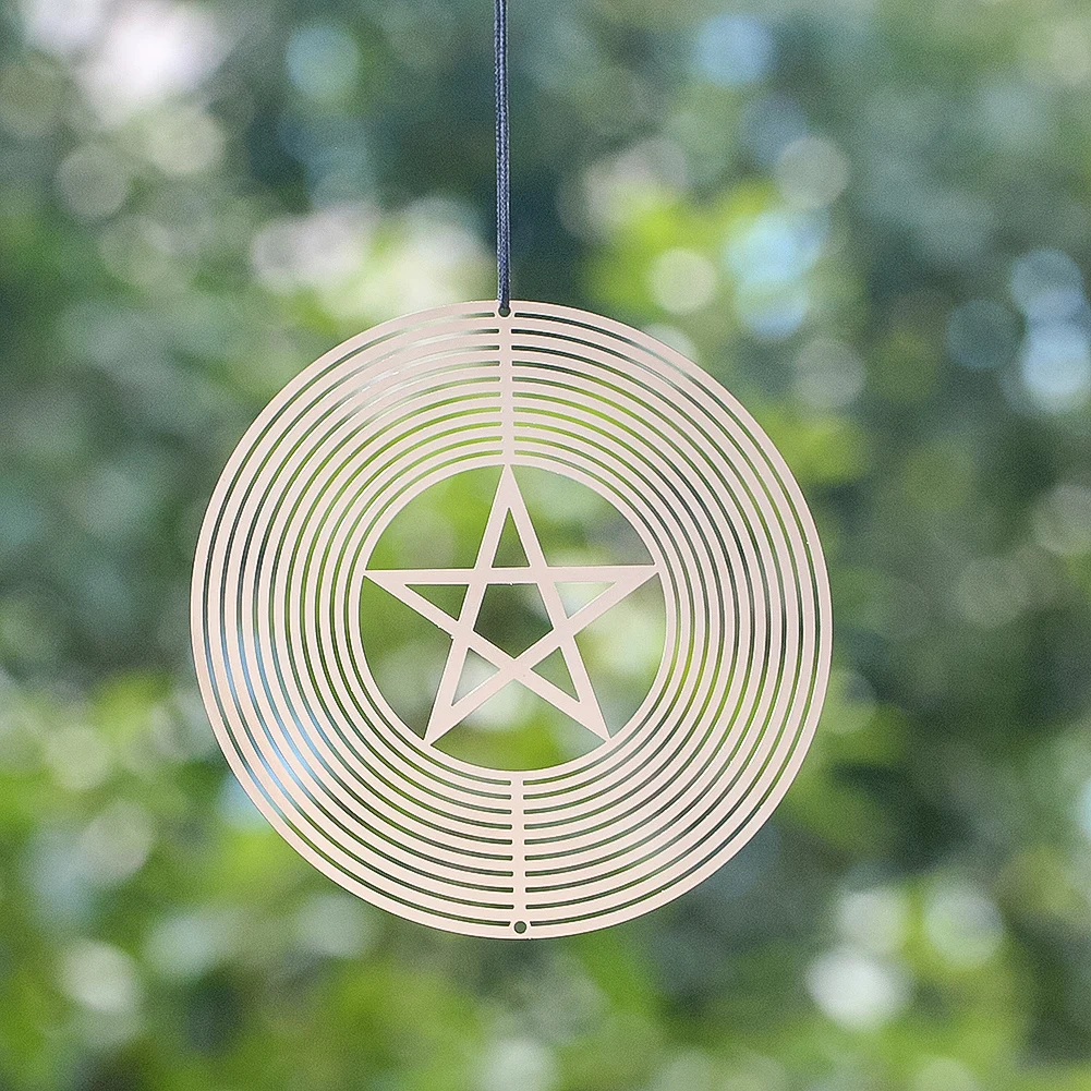 

10cm Round Metal Hollow Out 3D Rotating Wind Chime Pentagram Design Hanging Decorations Outdoor Garden Patio Terrace Hangings
