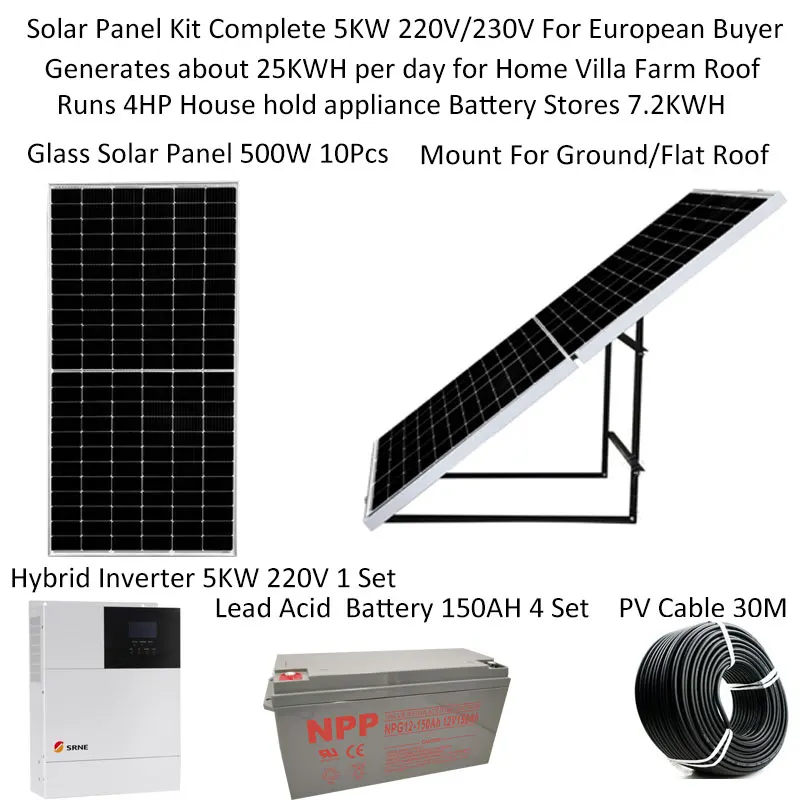 Solar Kit Complete With Battery 5000W 5KW 220V 110V Solar Panel 500W Off Grid Ground Mount Growatt Hybrid Inverter Home Villa