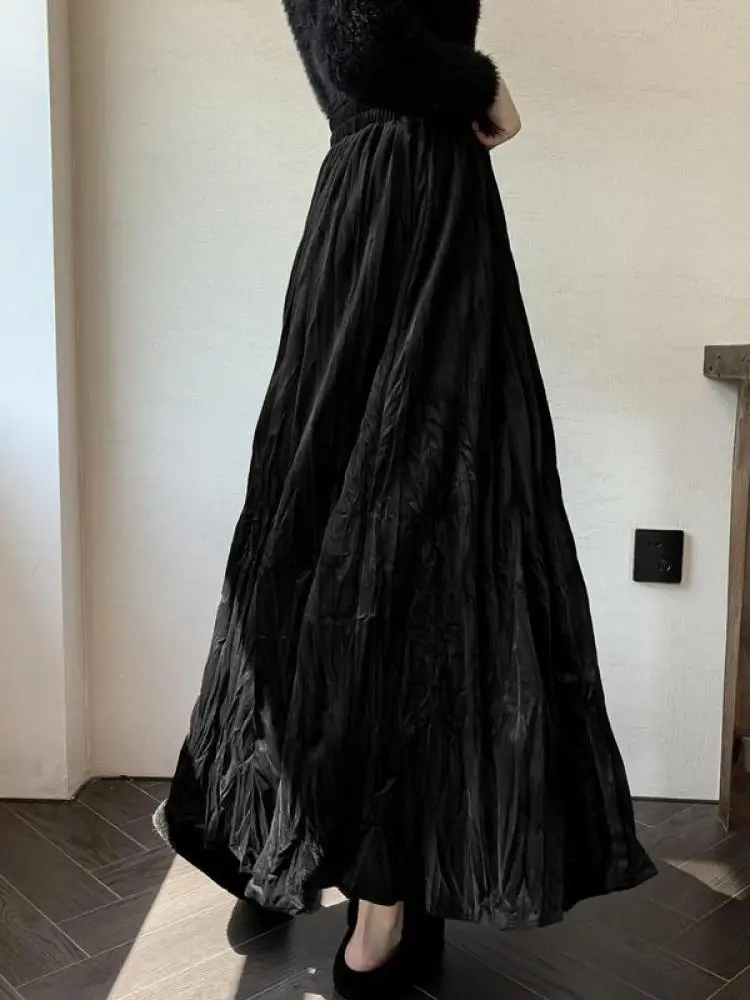 

Autumn Winter Women's Black Red Elastic High Waist Velvet Skirt Korean Version Brown Elegant Vacation Party Pleated Long Skirts