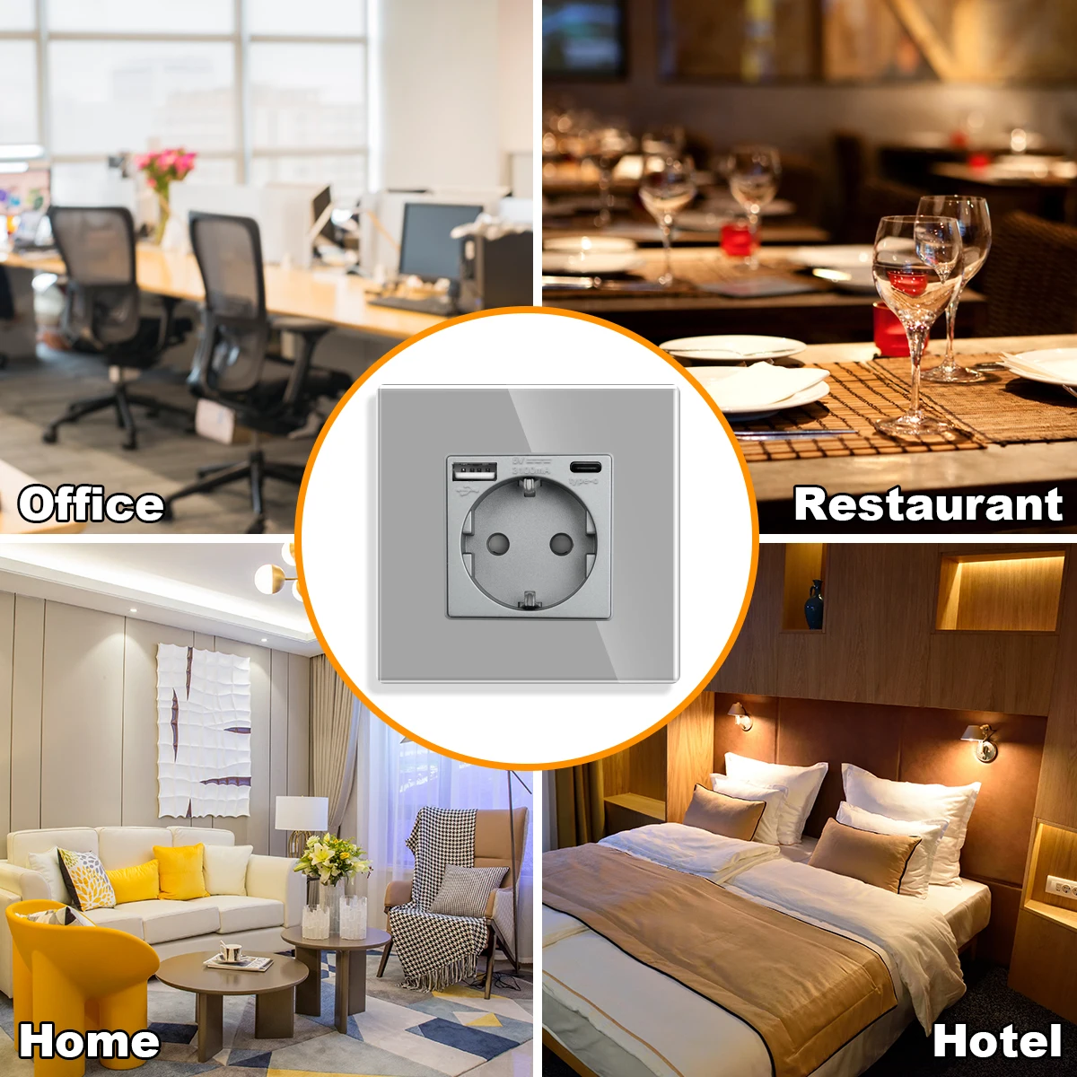 Bingoelec EU Standard Wall Light Switch gray Crystal Glass Panel Switch Panel With Wall Socket With tomada usb type-c