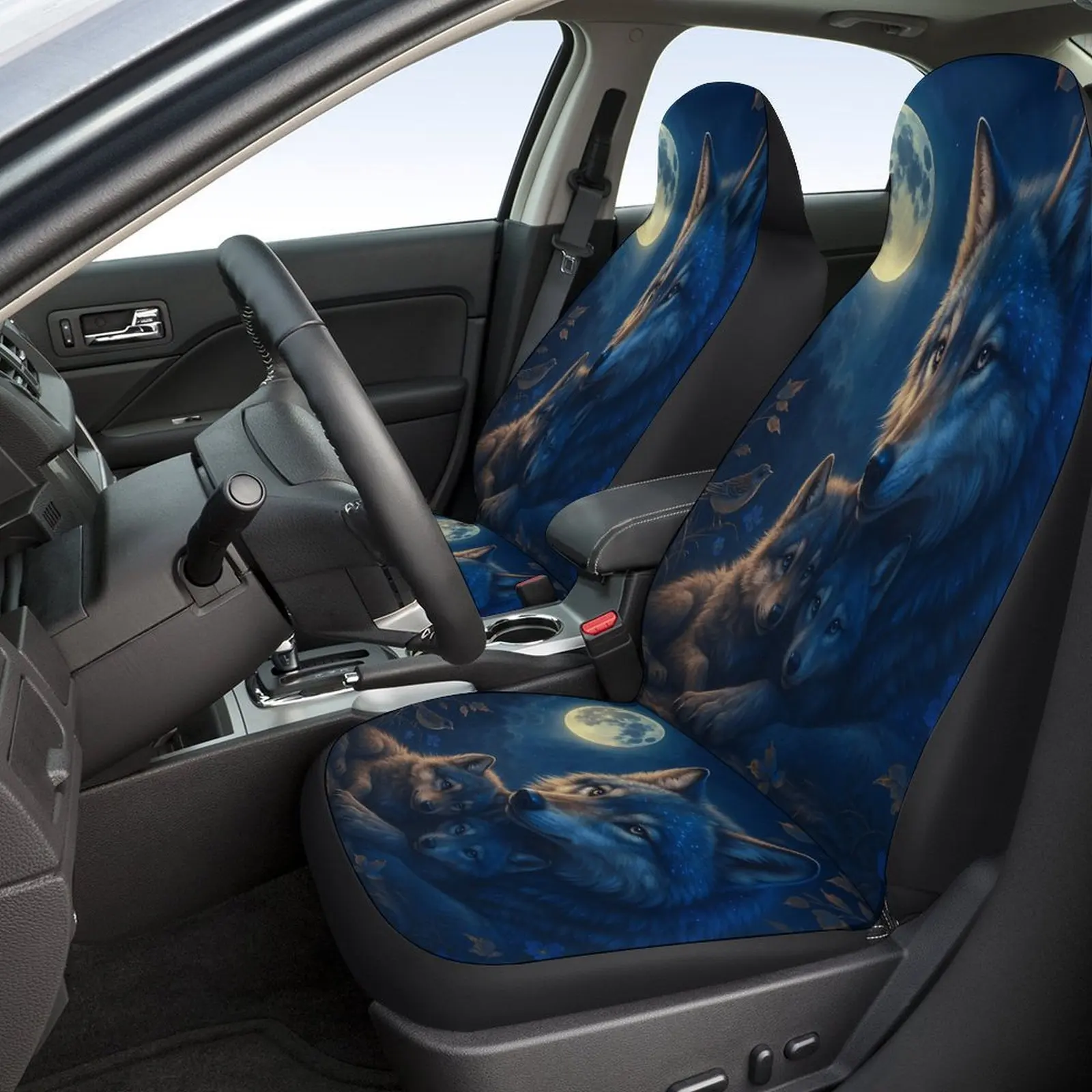 Wolf Family Moonlight Designed Car Seat Cover Set For Most Cars, Trendy Novelty High-quality Car Seat Protector Covers Full Set,