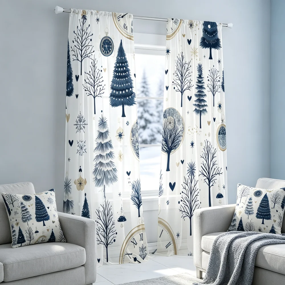 2PCS Christmas Curtains, Deep Blue Trees Clock Hearts Print, Bedroom Living Room Window Drapes, Rod Pocket Polyester, Home Decor