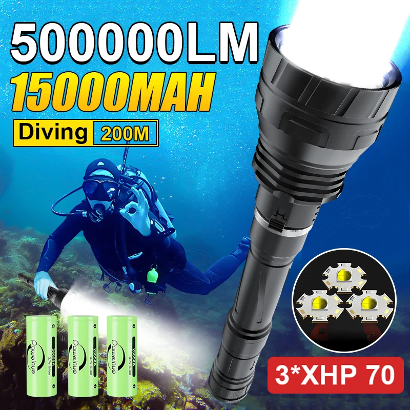 3*XHP70LED High Power led Diving Flashlight IPX68 Waterproof 15000mAh Professional Diving Lantern Underwater Hunting Torch