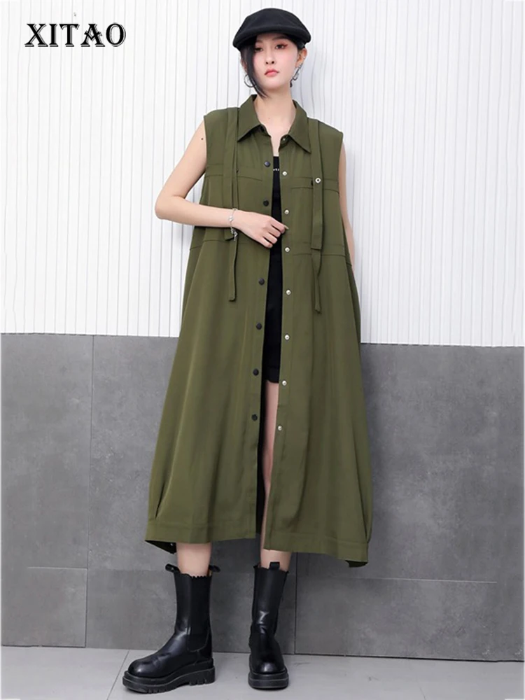 

XITAO Single Breasted Turn-down Collar Dress Casual Solid Color Sleeveless A-line Fashion Ribbon Summer Women Dress HQQ2479