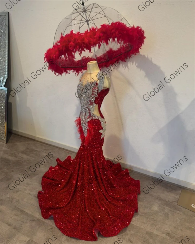 Red O Neck Long Prom Dresses For Black Girls Beaded Crystal Birthday Dress Gowns Sequined Feathers Homecoming Gloves Robe De