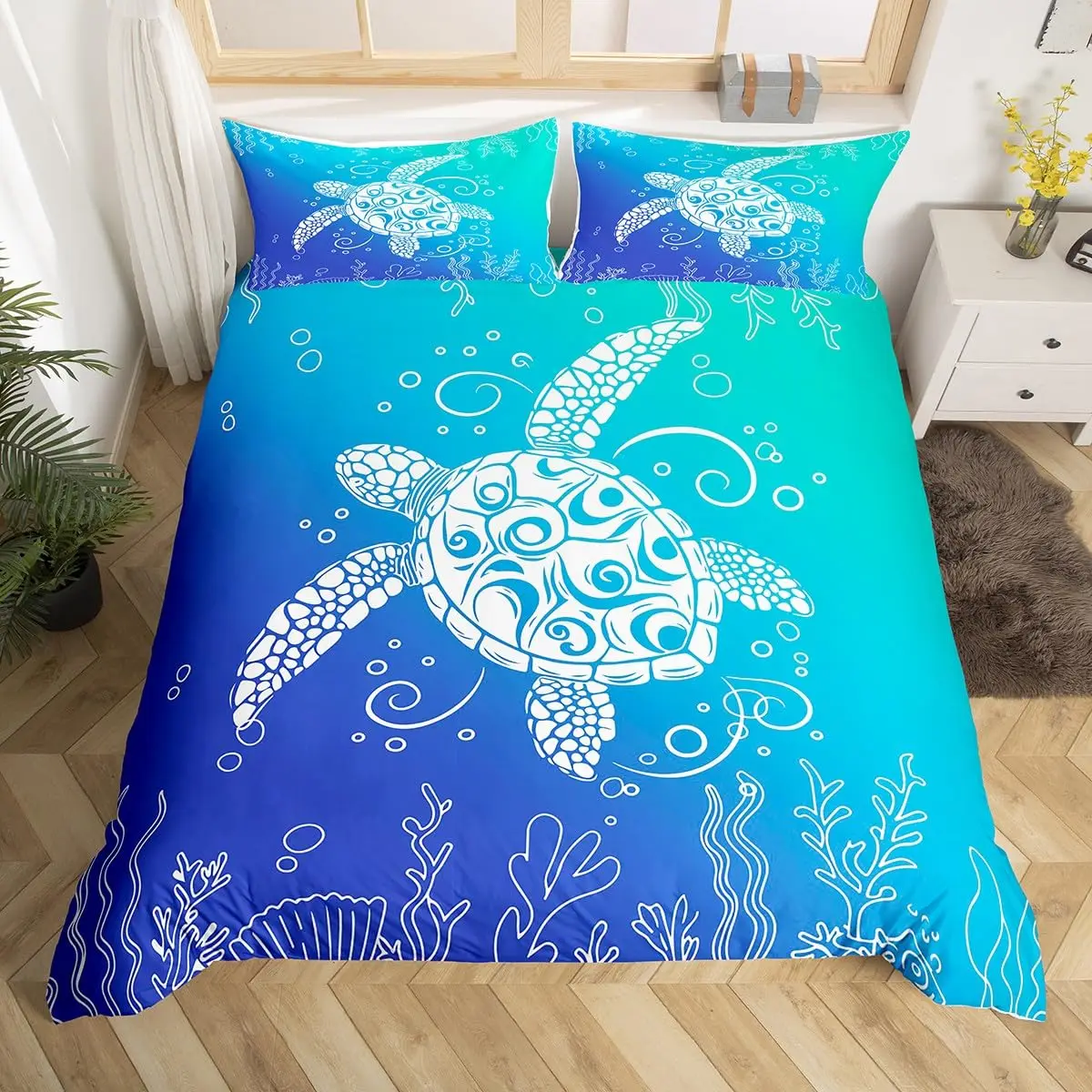 

Sea Turtle Bedding Set Full Kid Ombre Art Comforter Cover Marine Themed Duvet Cover Underwater Animal Ocean Creature Quilt Cover