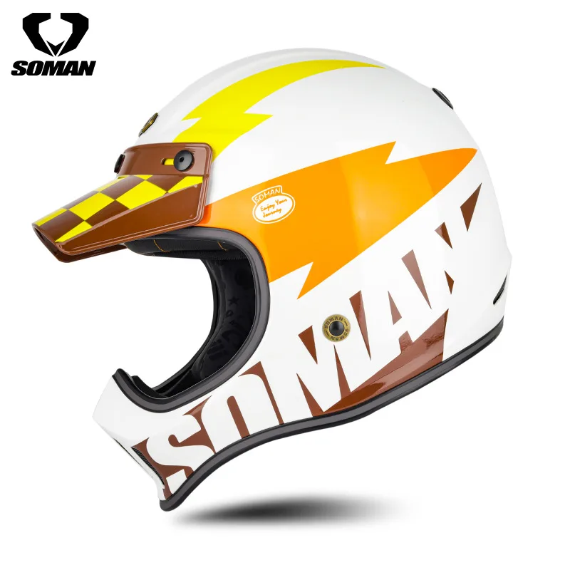 Retro Vintage Off-Road Full Face Helmet SOMAN M7 Carbon Fiber DOT Approved Unisex Motocross Dirt Bike Gear Casco Moto