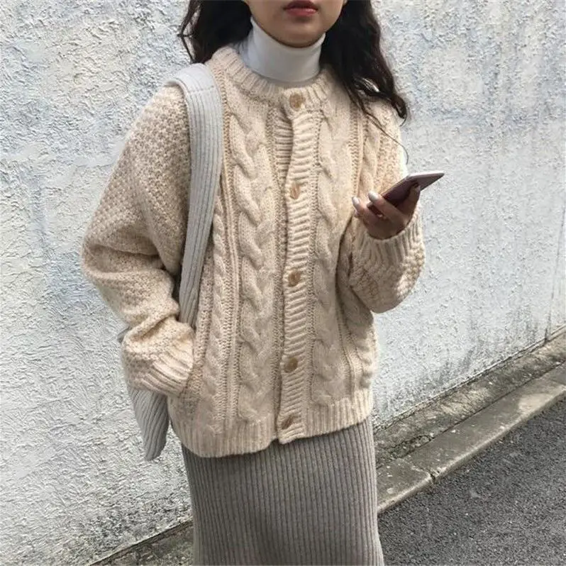 Autumn and Winter Korean Ins New Lazy Style Twist Sweater Cardigan Women's Coat Retro Japanese Versatile Outer Wear Sweater Top