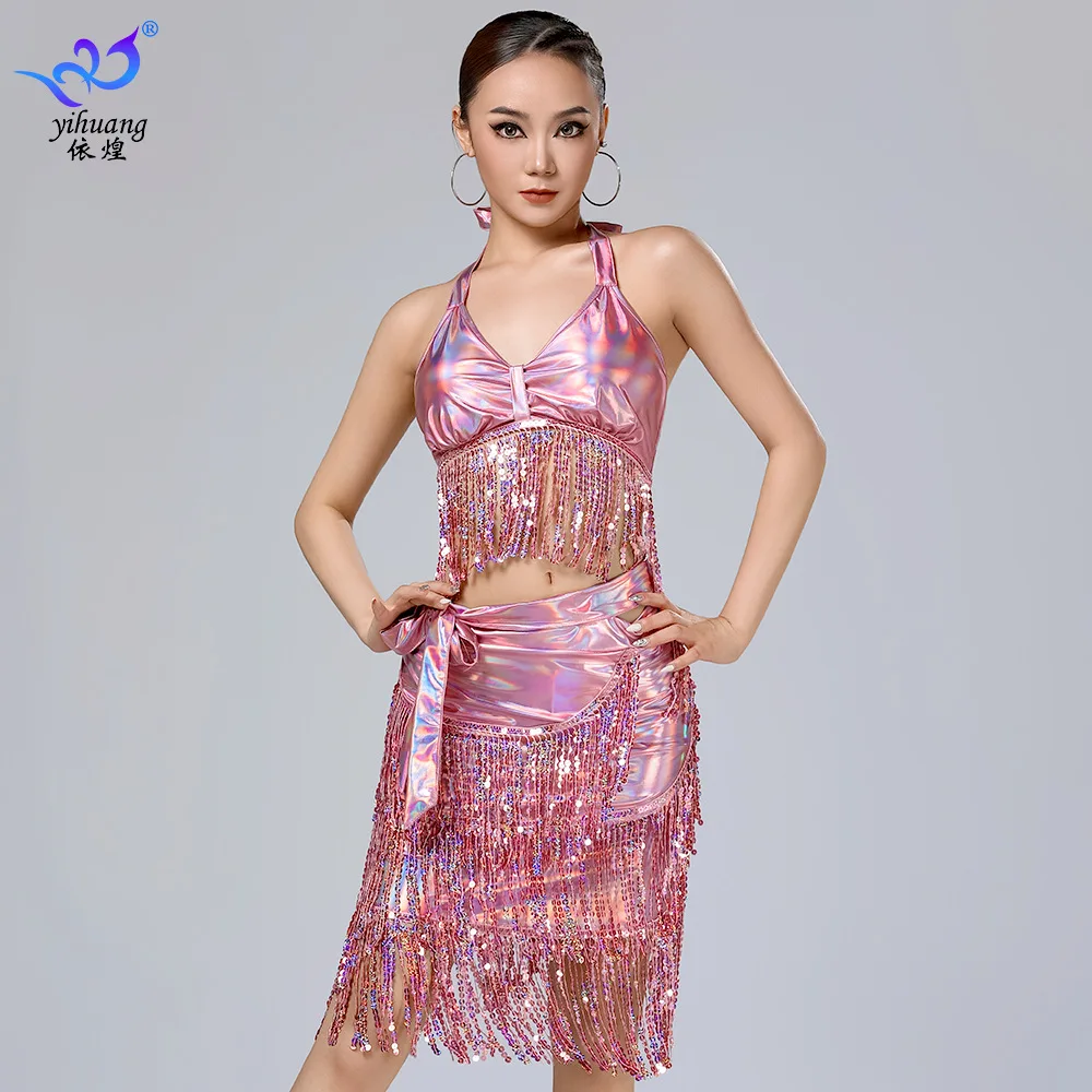 New arrival ! 1set/lot woman fashion latin dance costumes glossy leather sequin tassel top and skirt