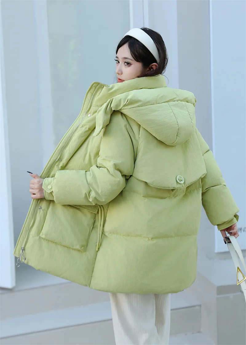 معطف نسائي سميك بغطاء للرأس كبير الحجم، جاكيت أبيض من ريش الإوز، كاجوال دافئ، معطف متوسط الطول، سترة ثلج #4
