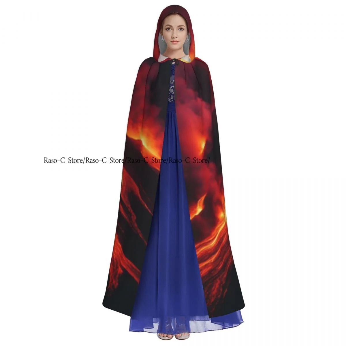 Unisex Witch Party Reversible Hooded Adult Vampires Cape Cloak Volcanic Eruption With Lava Flow