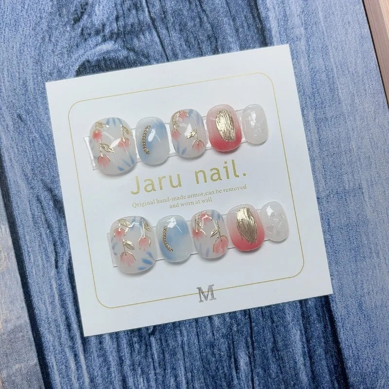 

10Pcs Handmade Short Square Nails Blue Pink Ombre Elegant False Nails with Gold Flower for Women&Girls Daily Spring Nail Art